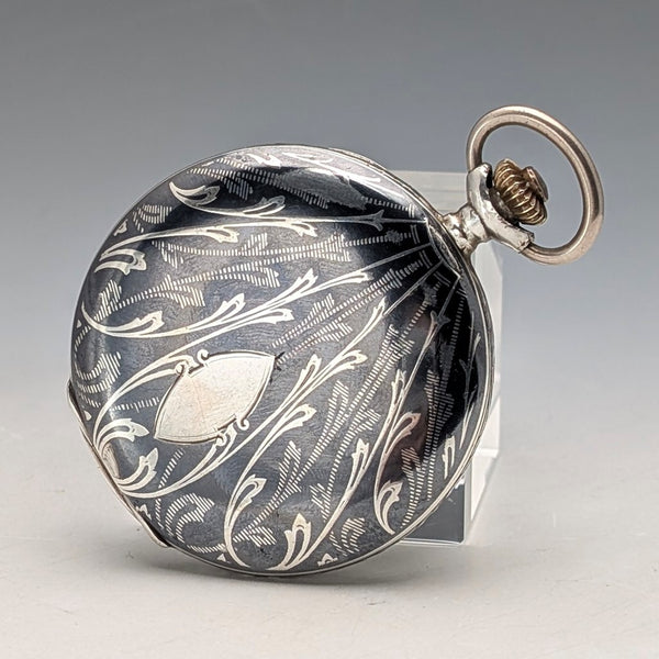 Antique Swiss made unsigned pocket watch with silver side niello decoration, slim hunter case, in good working order